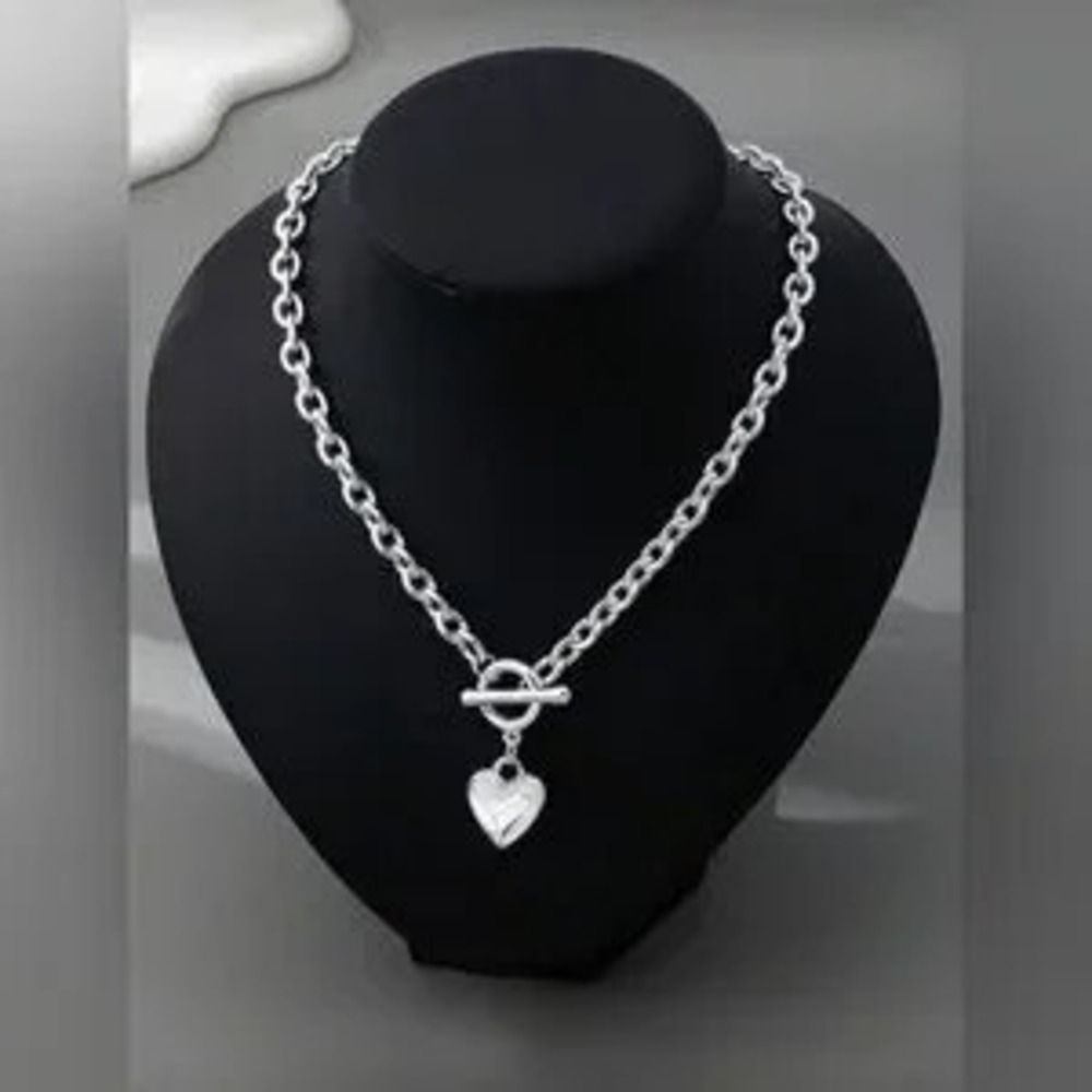 Silver Toggle Heart Charm Necklace Chunky Chain Necklace